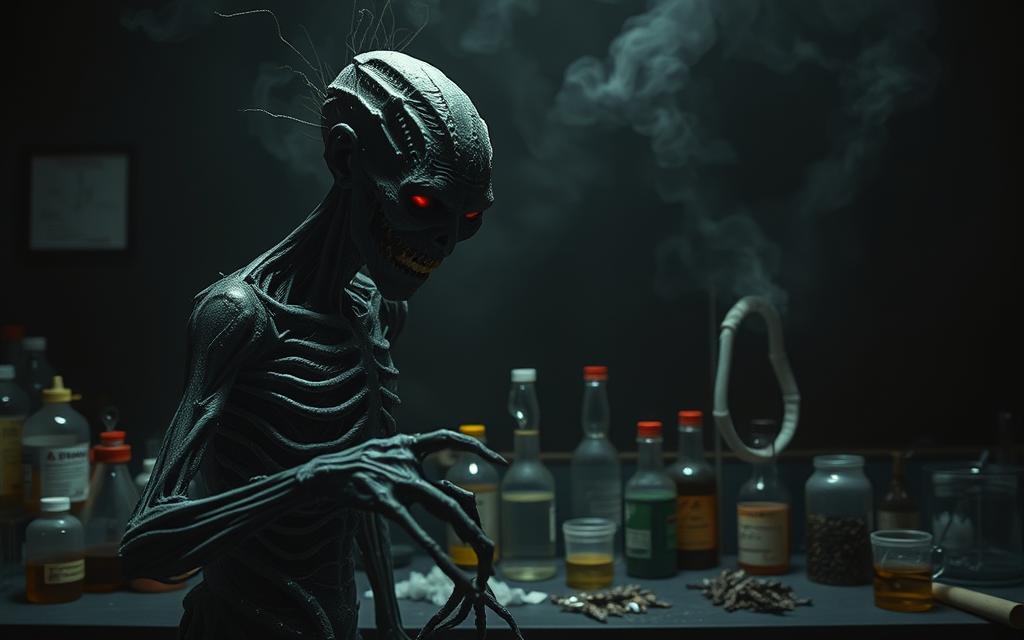 A dark, ominous scene depicting the dangers of synthetic cannabis. In the foreground, a twisted, distorted humanoid figure with glowing red eyes and a sinister expression, its body morphing and contorting in unsettling ways. In the middle ground, an array of hazardous-looking chemicals and lab equipment, hinting at the illicit and dangerous nature of synthetic drug production. The background is shrouded in deep shadows, with an unsettling, eerie atmosphere conveyed through the use of dramatic chiaroscuro lighting and a muted, unsaturated color palette. The overall tone is one of foreboding and the sense that the viewer is witnessing something profoundly disturbing and hazardous.